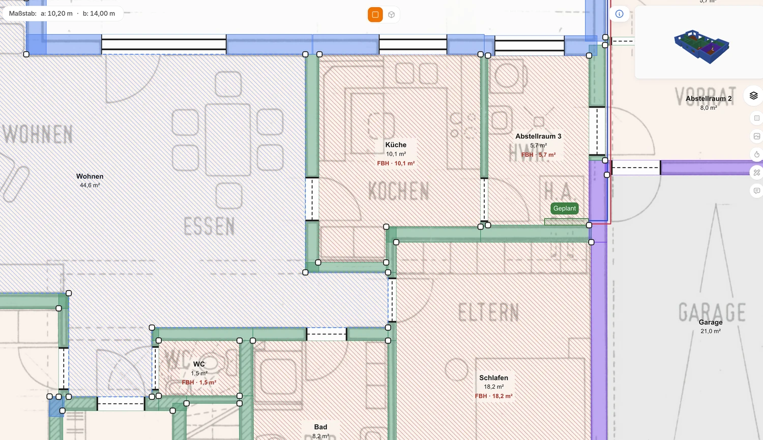 Grundriss mit Heizflächen je Raum