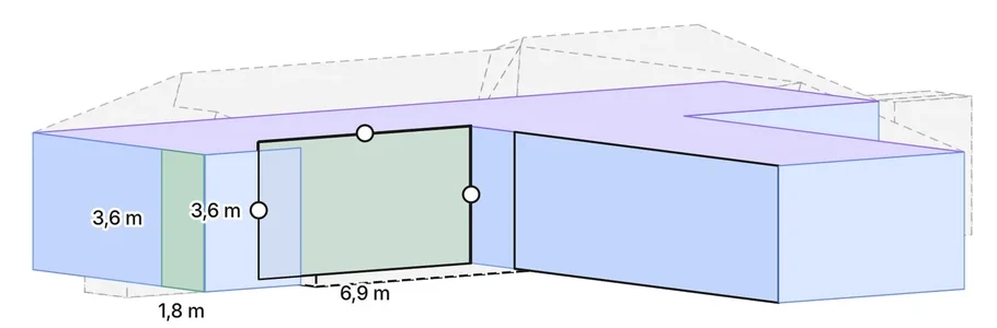 3D-Modell aus LoD2-Gebäudedaten mit Wänden, Dach und Anbau