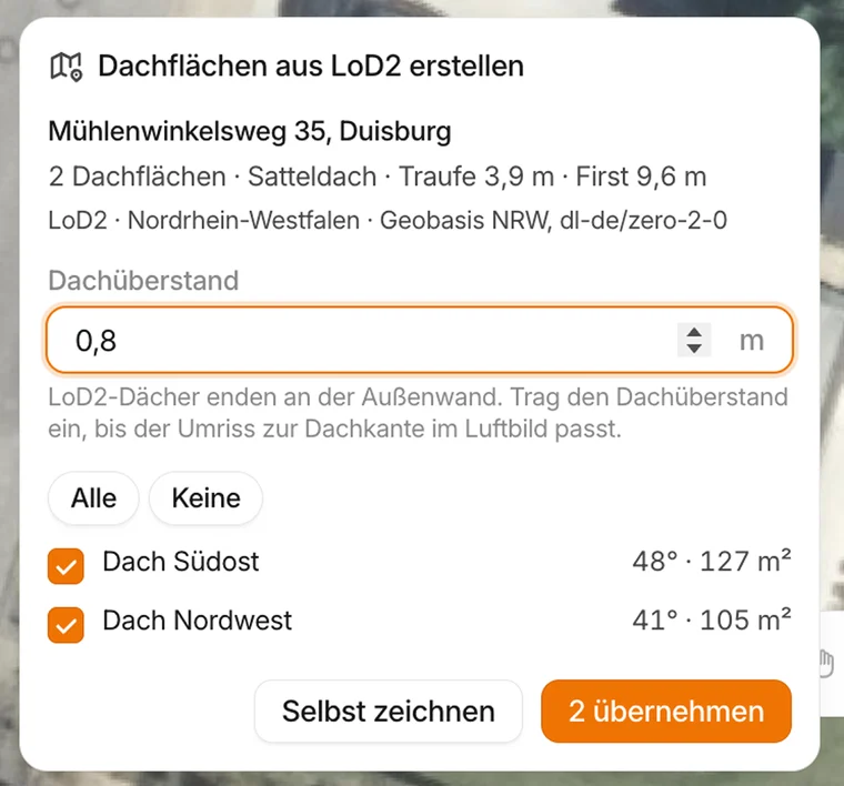 Dialog: Dachflächen aus LoD2 erstellen