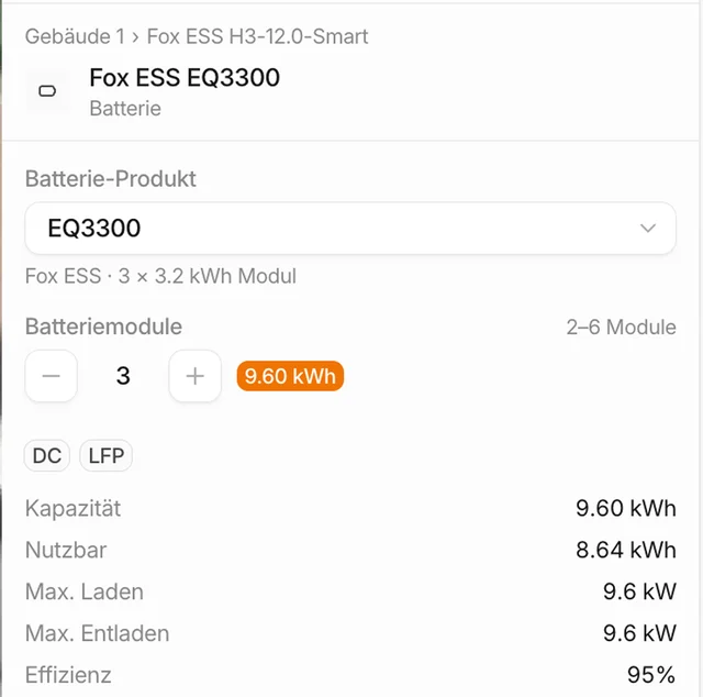Batteriespeicher mit Kapazität und Kennwerten